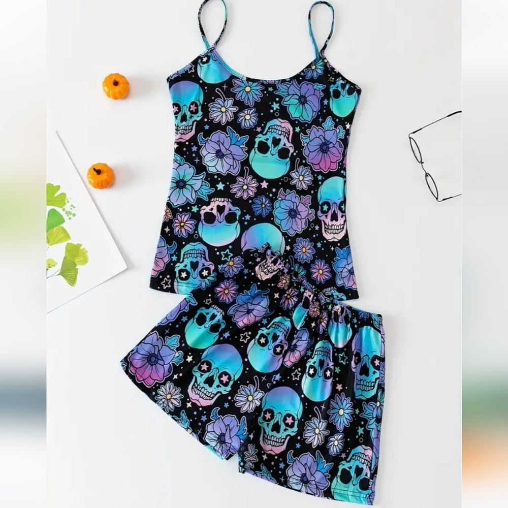 Ombre skull pajama set tank and short lounge wear cami short combo